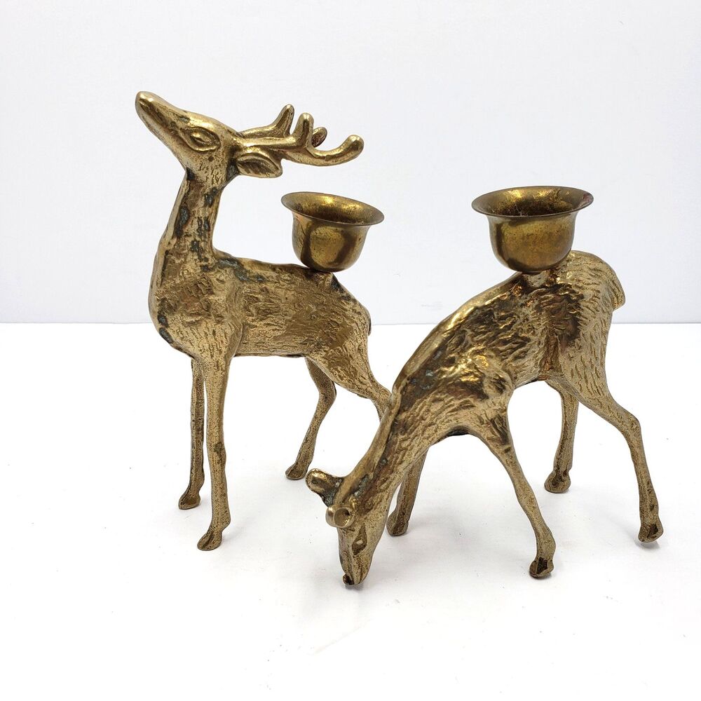 Vintage Pair 2 Brass Deer Candle Holder Candlestick Buck Doe Reindeer Figurine